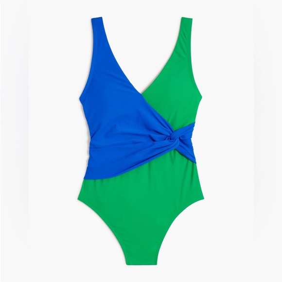 J. Crew Colorblock V-Neck Knotted One Piece Swimsuit in Green and Blue - Picture 1 of 11